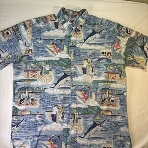 Reyn Spooner Big & Tall Mens 3X Coastal Grandpa Hawaiian Camp Shirt Blues Fish